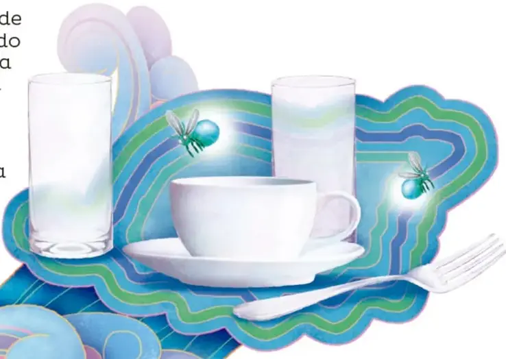 Ilustración de una mesa con vasos, taza y cubiertos sobre fondo azul con ondas y pequeñas moscas verdes.