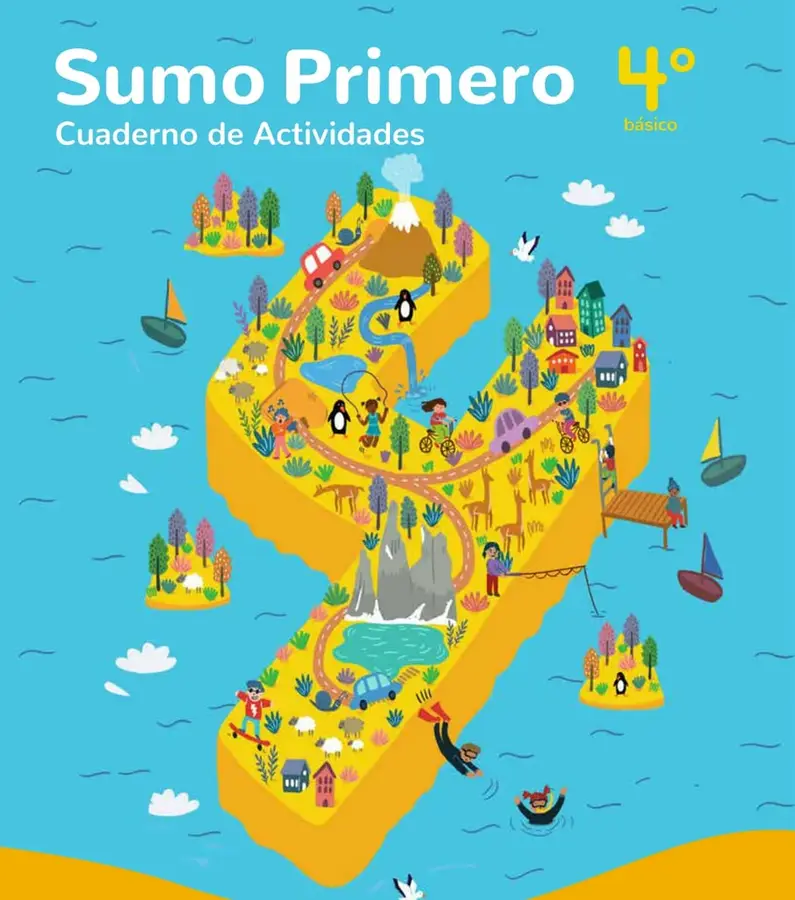 Ilustración de una isla amarilla con forma irregular sobre fondo celeste con olas. Incluye un volcán humeante, un río, caminos, árboles, casas, un auto rojo, un auto celeste, bicicletas, botes, veleros, una pasarela de madera, animales como pingüinos, ovejas, jirafas y un zorro, además de personas nadando y practicando deportes.