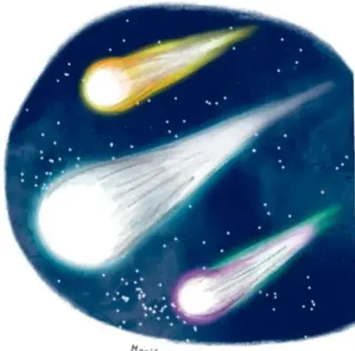 Ilustración nocturna de un cielo estrellado con varios cometas con estelas brillantes; crédito: Marián Luna Cuéllar, VERACRUZ.