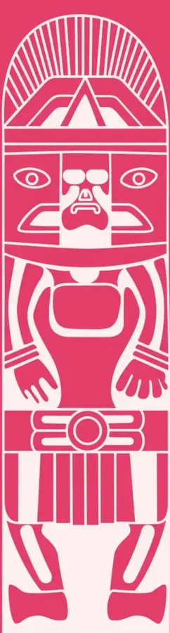 Ilustración gráfica en dos tintas (rosa magenta y blanco) de una figura ceremonial estilizada, tipo monolito o estatuilla: rostro frontal con tocado radiante, nariz prominente, brazaletes, cinturón con disco central y faldellín de franjas verticales.