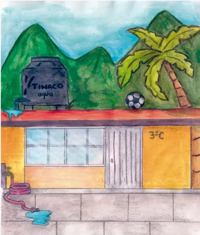 Ilustración de una escuela rural amarilla con techo rojo, puerta de madera, ventanas y el número 3°C. Sobre el techo hay un tinaco negro con la palabra 'agua' y un balón de fútbol. Al fondo, montañas verdes, cielo azul y una palmera. En el suelo, una manguera rosa con agua derramada.