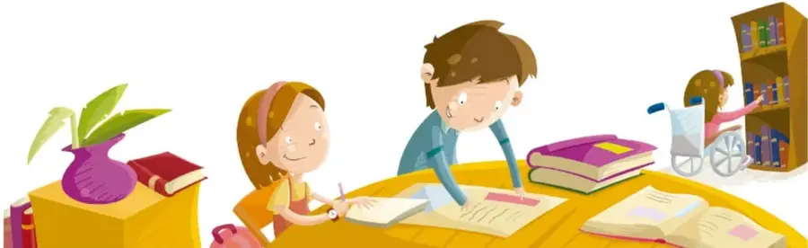 Ilustración de tres estudiantes trabajando en una mesa con libros y cuadernos; uno de ellos usa silla de ruedas y otro revisa un librero.