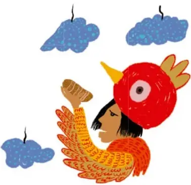 Ilustración de la gallinita con un sombrero o cabeza de gallina roja, alas anaranjadas, sosteniendo una barra de pan; sobre ella flotan tres nubes azules con textura de puntos, estilo arte de Cuauhtémoc Wetzka, Veracruz.