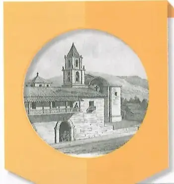 Imagen circular de una iglesia y construcciones de Huanta o de una localidad andina.