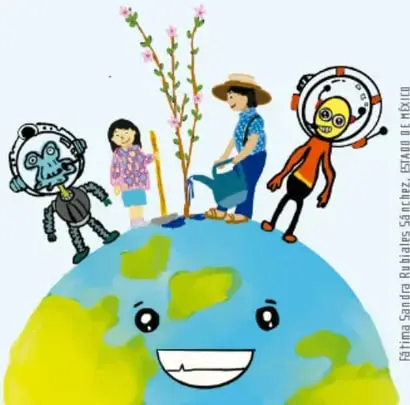 Ilustración de niños, un personaje con sombrero y extraterrestres cuidando la Tierra, que tiene rostro sonriente.