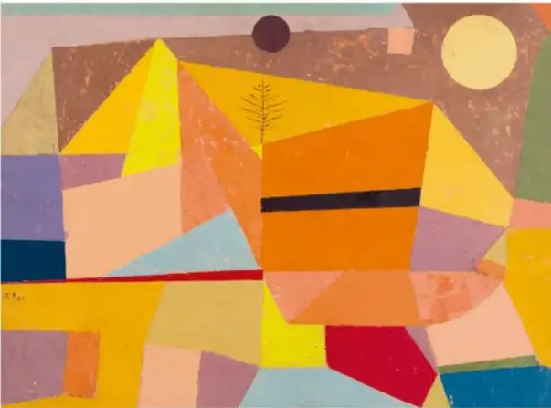 Paisaje de montaña alegre, 1929: paisaje geométrico de triángulos y rectángulos en naranjas, amarillos, rosas y morados, con un círculo amarillo como sol, uno oscuro como luna y una franja roja como camino.