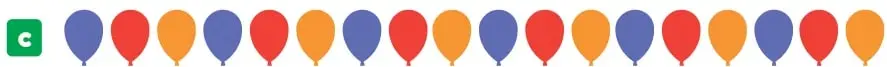 Ejercicio c: globos azul, rojo y naranja repetidos cinco veces.