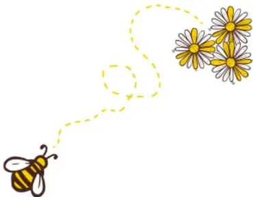 Ilustración de una abeja volando siguiendo una línea punteada amarilla que llega a un grupo de flores amarillas y blancas.
