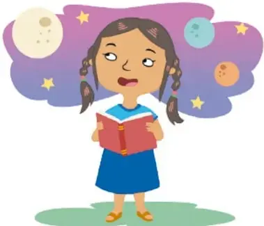 Ilustración de una niña leyendo un libro con fondo de estrellas y planetas, representando el derecho a la educación. Crédito: Herenia González Zúñiga, Ciudad de México.