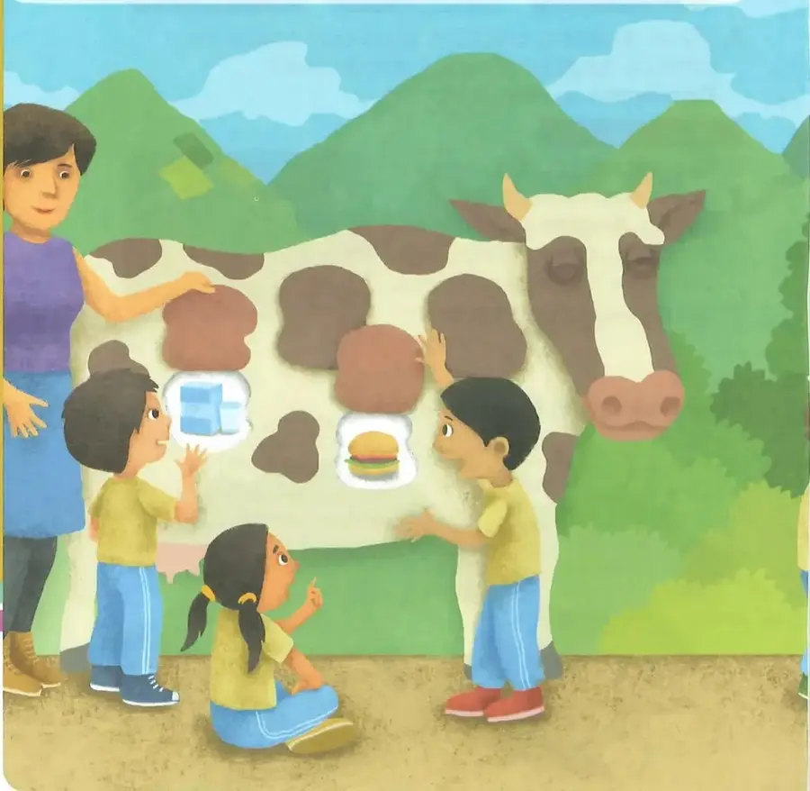 Ilustración de varios niños y niñas que comparten junto a una vaca en un paisaje natural.