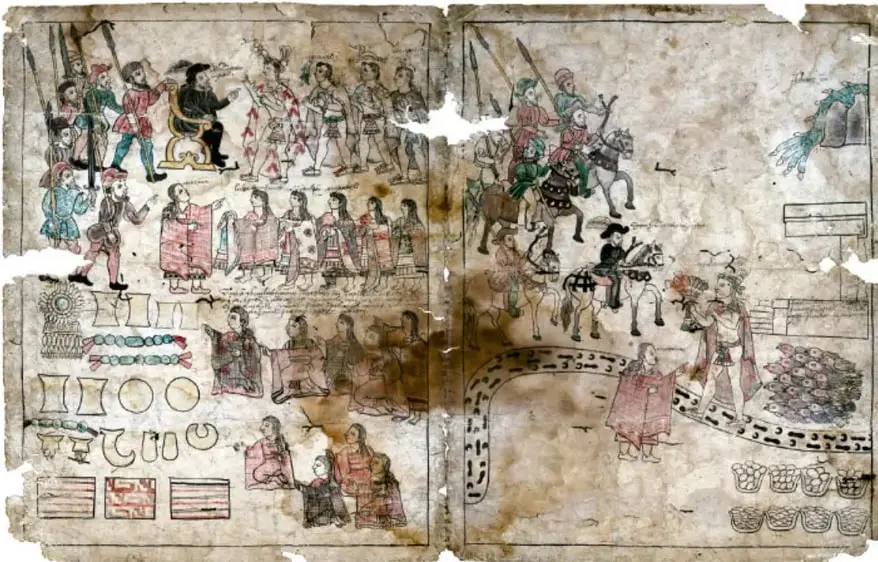 Reproducción de dos hojas del Lienzo de Tlaxcala, papel indígena pintado por ambos lados, con escenas de la Conquista: un europeo en trono recibiendo a indígenas, guerreros a caballo, procesiones de personas y símbolos pictográficos.