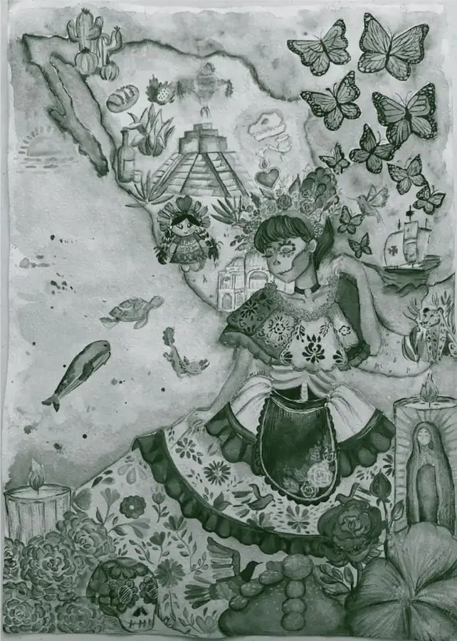 Ilustración en blanco y negro de una mujer con vestimenta tradicional mexicana bordada, rodeada de elementos culturales: mapa de México, pirámide prehispánica, cactus, muñeca artesanal, mariposas monarca, flores de cempasúchil, calavera decorada, vela encendida, embarcación y una figura religiosa. Al pie se lee: Mariana Luna Cuéllar, Veracruz.