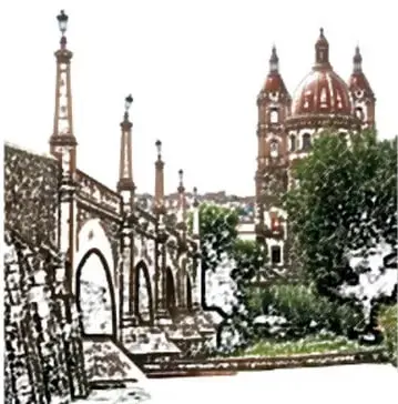 Ilustración de un acueducto con arcos y una iglesia con cúpulas al fondo, rodeada de árboles.