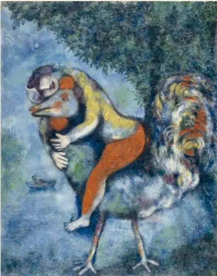 Reproducción de Cemetery Gates (1917) de Marc Chagall: puerta de cementerio con inscripciones en hebreo, casas y árboles, en tonos azules y verdes.