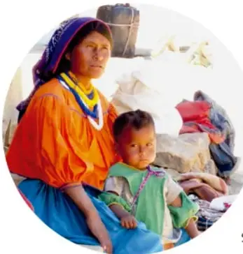 Fotografía circular de una mujer wixaritari con ropa colorida y su hija pequeña sentadas al aire libre.