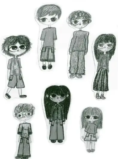Ilustración de siete niñas y niños con expresiones serias o tristes, dibujados a lápiz, que representan las infancias y sus emociones.