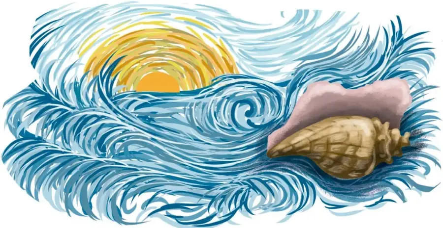 Ilustración de olas azules en espiral que rodean un sol amarillo y una caracola rosada con un caracol marino, evocando el mar y el canto de los caracoles.