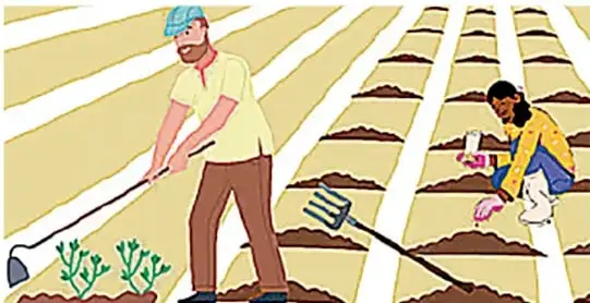 Ilustración de dos personas trabajando el campo: un hombre arando la tierra con una herramienta y una mujer sembrando en hileras; al fondo se ven surcos de cultivo.