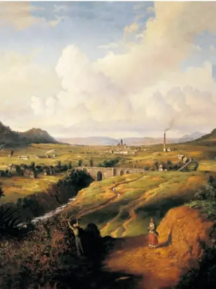 Pintura de paisaje del siglo XIX que muestra un valle con un río, un puente de piedra, un ferrocarril a lo lejos y dos figuras humanas en primer plano, representando el México rural y modernizándose.