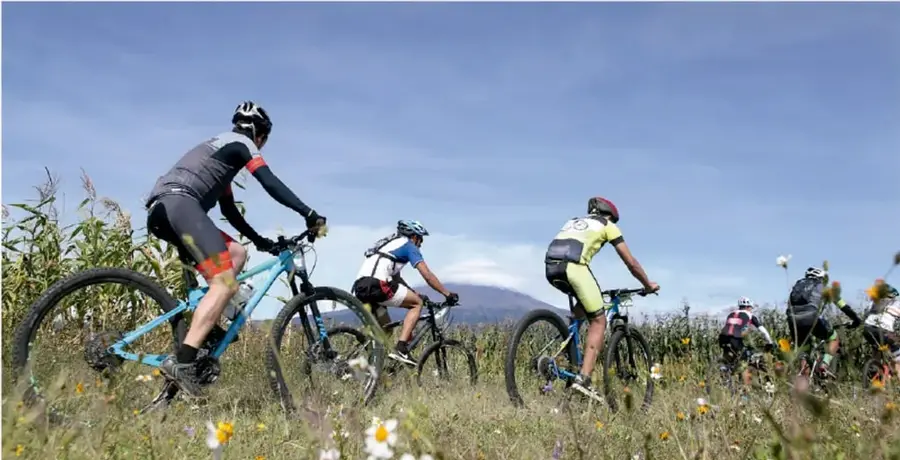 Fotografía de un grupo de personas practicando ciclismo de montaña en un campo con flores y vegetación, bajo cielo azul, algunas con casco y ropa deportiva.