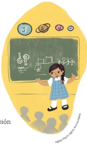 Ilustración de una niña frente a un pizarrón con símbolos y figuras, con público observando.