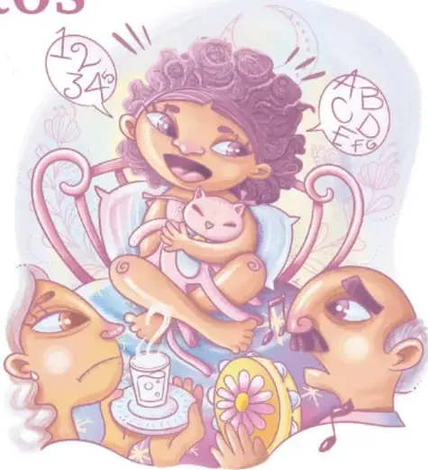 Ilustración de Meztli, una niña de cabello rizoso despierta y sonriente en su cama de hierro forjado, abrazando un conejo de peluche, mientras sus papás (la mamá con una taza humeante y el papá con lentes) la observan con preocupación.
