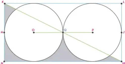 Rectángulo KLMN con dos círculos inscritos tangentes entre sí en el punto Q. Los centros de los círculos son O y P. Una diagonal une los vértices K y M, dividiendo el rectángulo en dos triángulos. Las regiones sombreadas son las áreas entre los círculos y el rectángulo, divididas por la diagonal.