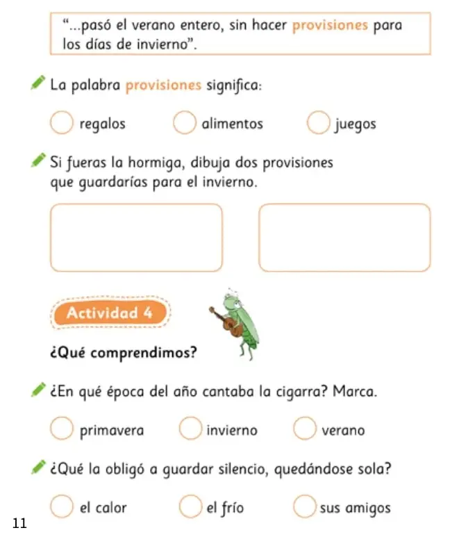 Recuadro con el fragmento del texto: '...pasó el verano entero, sin hacer provisiones para los días de invierno'.