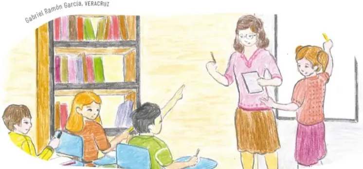 Dibujo de un salón de clases: una maestra escribe en el pizarrón mientras niñas y niños levantan la mano sentados en sus bancos junto a una librería con libros. Crédito: Gabriel Ramón García, Veracruz.