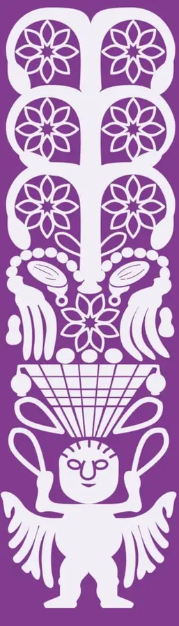 Ilustración decorativa en blanco sobre fondo morado con motivos florales, geométricos y una figura humana estilizada con alas, inspirada en arte tradicional mexicano.