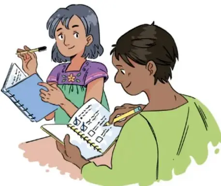 Ilustración de dos estudiantes (una con vestido morado y otra con camisa verde) sentados tomando notas en cuadernos, planeando el proyecto. Crédito: Laura Ángeles Fernández, Ciudad de México.