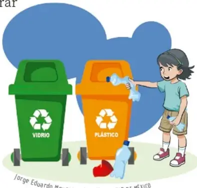 Ilustración de una niña depositando una botella en botes de reciclaje: bote verde para vidrio y bote naranja para plástico; crédito a Jorge Eduardo Moussong Lavalle, Ciudad de México.