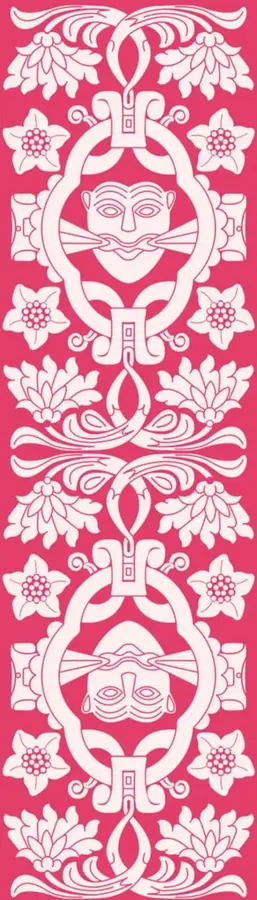 Franja vertical magenta con un adorno decorativo estilo papel picado o cincelado mexicano, con flores estilizadas y dos máscaras o rostros simétricos en tono rosa pálido.
