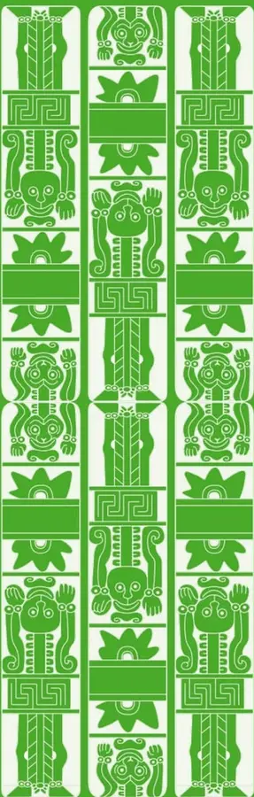 Ornamento vertical de arte prehispánico mexicano en blanco sobre fondo verde, compuesto por tres columnas de figuras estilizadas (máscaras, serpientes emplumadas, glifos y mariposas) que evocan motivos mayas o aztecas.