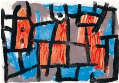 Pintura abstracta La hora antes de la noche (1940): retícula de líneas negras gruesas sobre manchas azules y grises, con rectángulos rojos y anaranjados en su interior.
