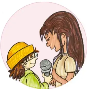 Ilustración de una niña con micrófono entrevistando a otra persona; crédito Claudia Lucía Bautista Parra, Jalisco.