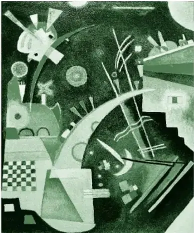 Pintura abstracta (en tonos verdes en la reproducción del libro) con líneas curvas y rectas entrecruzadas, círculos, cuadrados y semicírculos; al centro un gran cuerno amarillo junto a una forma que parece un perfil humano con un ojo, sobre fondo verde.