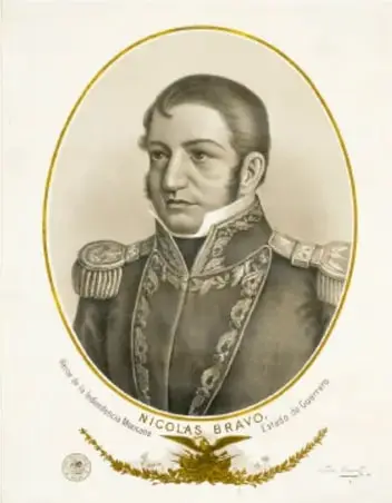 Retrato de Nicolás Bravo con uniforme militar y la inscripción 'Nicolás Bravo. Ilustre de Guerrero'.