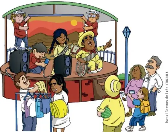 Ilustración de una puesta en escena en un escenario circular techado: un grupo de personas (jóvenes y adultos) realizan una dramatización con acompañamiento musical (guitarra), equipo de sonido y disfraces, mientras el público asiste al evento. Crédito: Israel Campos de León/CONDUMEX.