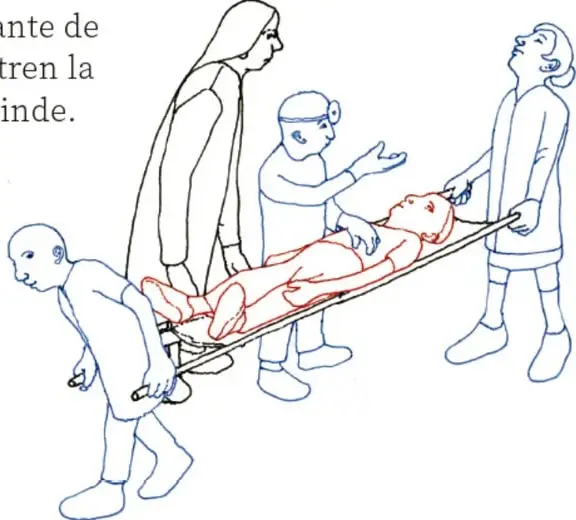 Ilustración de líneas azules y rojas: cuatro personas transportan a una persona herida en una camilla durante un simulacro de auxilio.