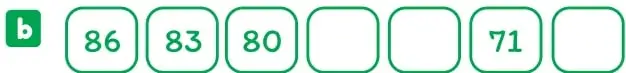 Secuencia b) con los números 86, 83, 80 en recuadros verdes y tres recuadros vacíos intercalados antes y después del 71.