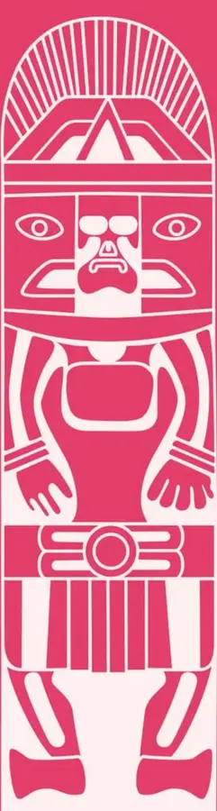 Ilustración estilizada en color rosa con figura prehispánica o mestiza de perfil, con tocado radial, rostro con ojos grandes, brazos abiertos y faldón con grecas; funciona como elemento decorativo de apertura de la unidad.