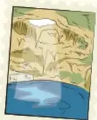 Ilustración de un paisaje con una laguna y montañas, en tonos azules y verdes, alusiva al entorno comunitario.