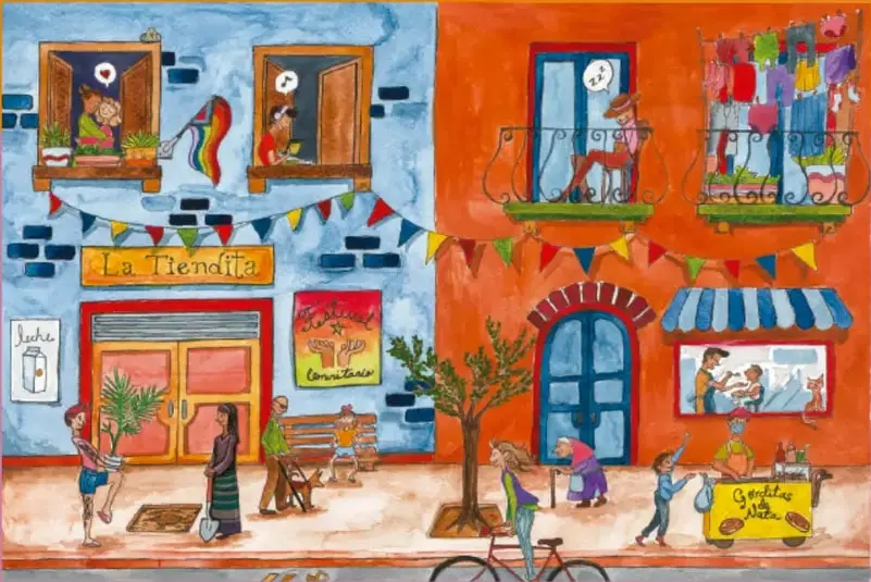 Ilustración de una calle comunitaria con casas de colores, una tienda llamada 'La Tiendita', personas conversando, un árbol, una bicicleta y puestos de comida; estilo naíf con colores vivos.