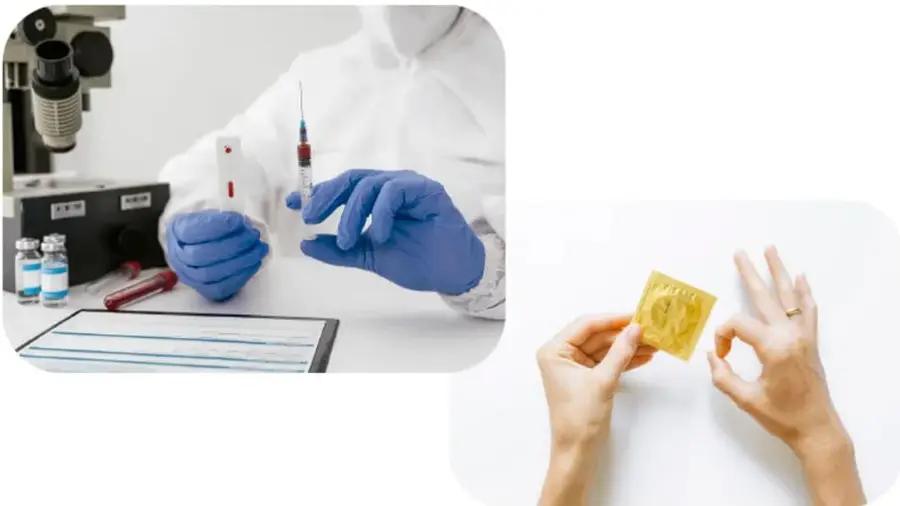 Persona con bata, guantes y mascarilla en un laboratorio clínico, sosteniendo una jeringa y un tubo con muestra de sangre, junto a un microscopio; representa la detección diagnóstica de ITS.