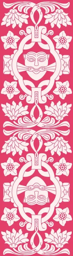 Diseño decorativo en color rosa con motivos florales simétricos y dos rostros prehispánicos enmarcados en óvalos, inspirado en el arte popular mexicano.