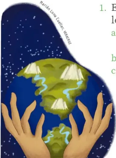 Ilustración de dos manos sosteniendo la Tierra con montañas, ríos y cielo estrellado. Crédito: Marián Luna Cuellar, VERACRUZ.