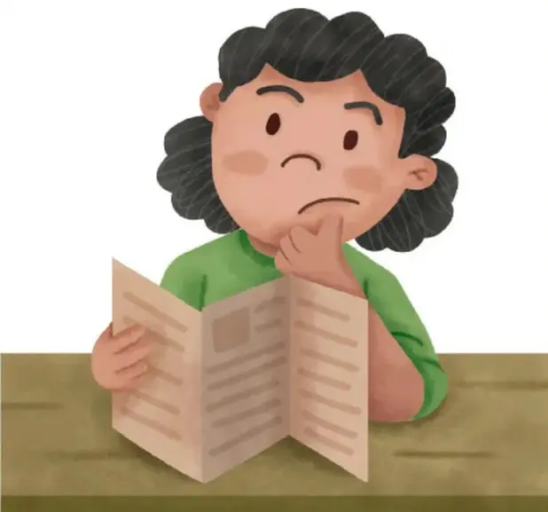 Ilustración de una niña de cabello oscuro y playera verde que lee un folleto o instructivo desplegable, con gesto pensativo.