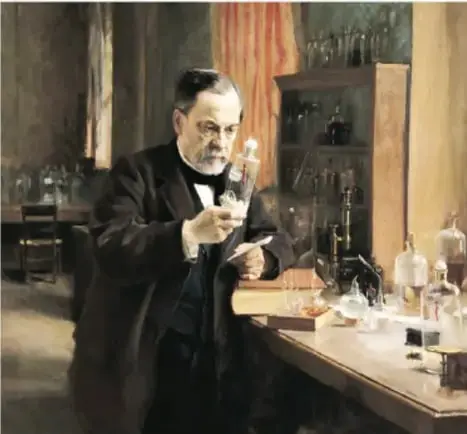 Pintura de Louis Pasteur en su laboratorio, sosteniendo un frasco, rodeado de material de laboratorio.
