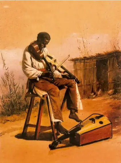 Ilustración de un músico afrodescendiente sentado en un banco, tocando un violín, junto a una caja de madera; al fondo, una choza y vegetación.